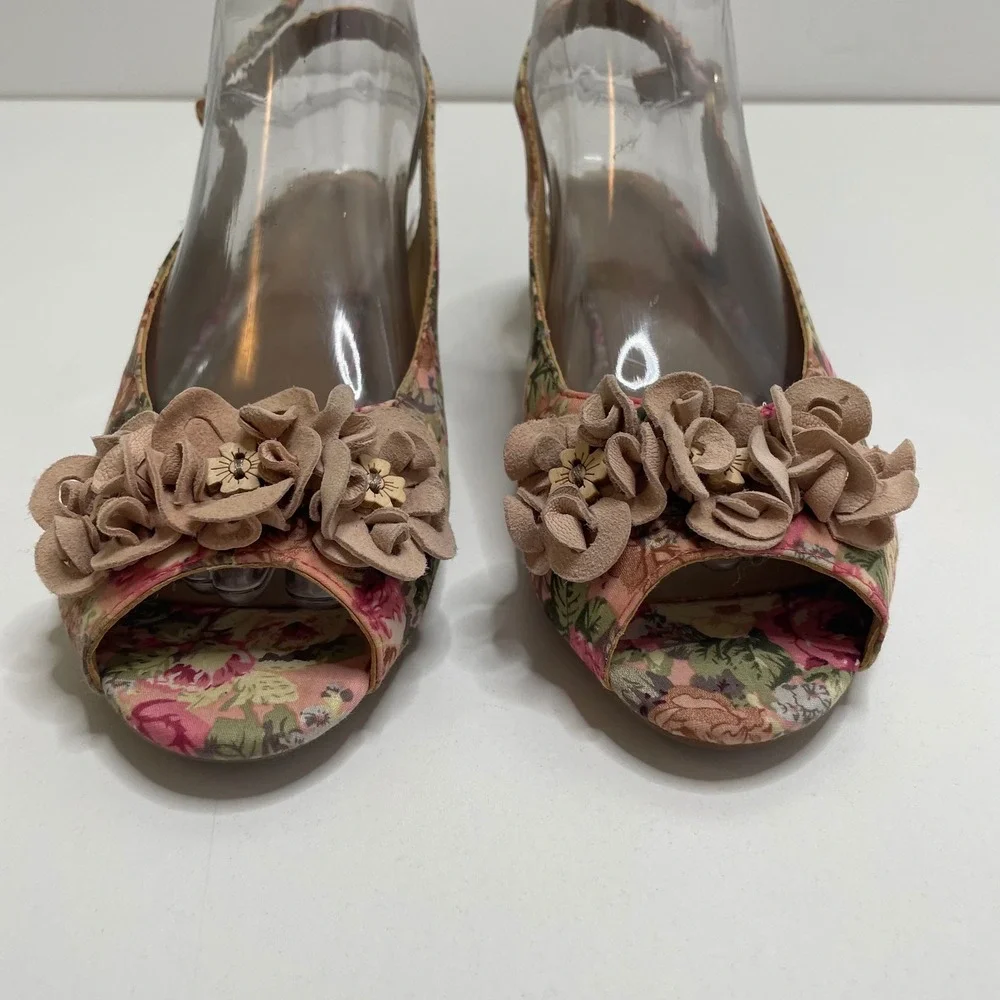 Hotter Betsy Pink Floral Peep Toe Wedge Sandals 3D Flower Applique Cottage 8.5